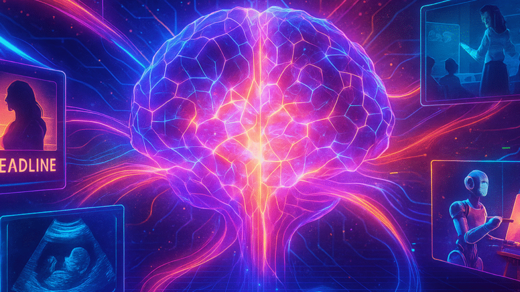 A glowing AI core at the center resembling a massive crystal brain, radiating streams of vibrant energy that morph into text, images, videos, and audio waveforms as they spiral outward. Around the brain are holographic panels displaying futuristic examples of generative AI: a marketing ad, a medical image, a classroom, a robot artist painting. The background is a cosmic digital grid with dynamic neon colors (purple, teal, orange) to give a cinematic, high-tech feel.