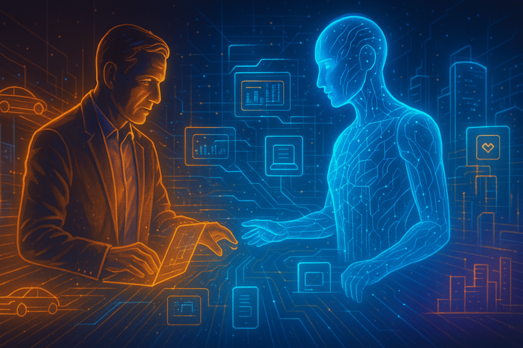 A dynamic scene showing a human figure and an AI entity working side by side, connected by streams of glowing data. The human, dressed in a professional attire, is shown reviewing digital holograms, while a futuristic AI figure (abstract, translucent, and made of circuits and light) assists by projecting insights and analytics. The background is a vibrant digital cityscape, blending the physical and virtual worlds, with neon lines connecting everyday objects (cars, laptops, medical devices, factories) to symbolize AI support across industries. The composition should feel empowering, not intimidating, with balanced colors of warm gold (human) and cool electric blue (AI) intertwining.