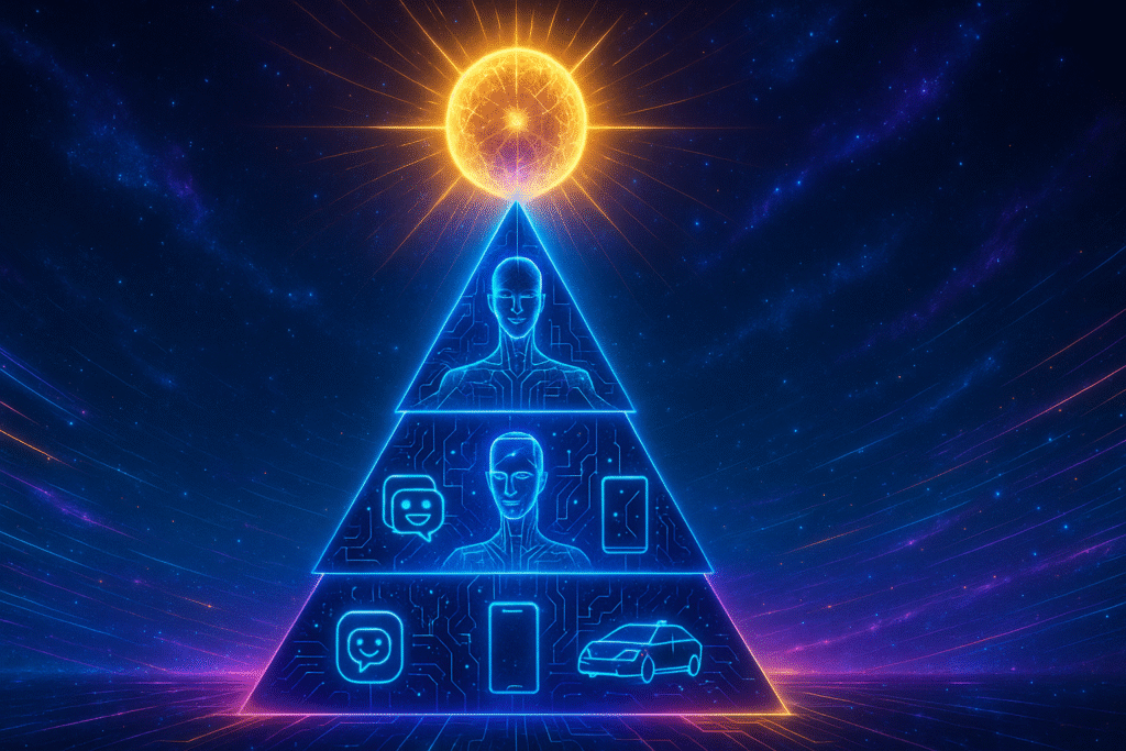 A futuristic vertical pyramid structure floating in a cosmic digital space. At the base, glowing icons represent Narrow AI (smartphones, chatbots, autonomous cars) surrounded by streams of data. In the middle tier, a holographic human-like AI figure symbolizes General AI, showing its ability to bridge multiple domains. At the peak, a massive radiant sphere of pure light represents Super AI, with beams of energy radiating outward into the universe, symbolizing its limitless potential. The entire pyramid is connected by glowing circuits and neural network patterns, in a vibrant neon color palette of blues, purples, and electric gold.