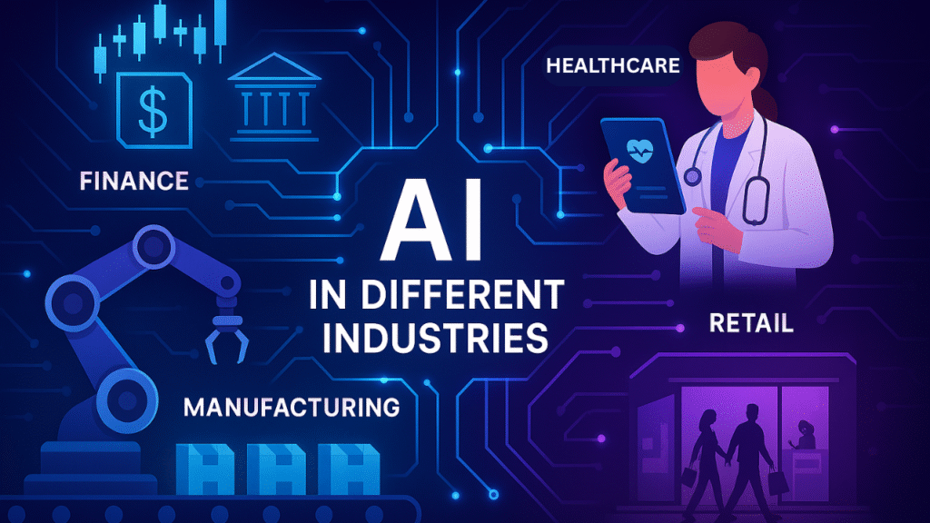 Digital illustration of AI in industries: robots in manufacturing, healthcare diagnostics, finance analytics, and retail automation.