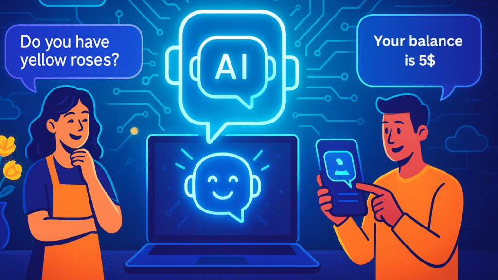 A vibrant digital illustration of AI chatbots interacting with users across devices, showing chat bubbles, smartphones, and a cloud network background, representing customer service automation and virtual assistants.