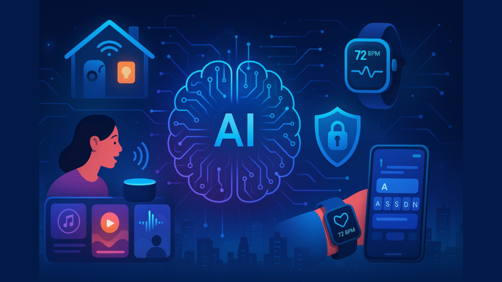 A vibrant, futuristic collage showcasing various AI applications in everyday life.