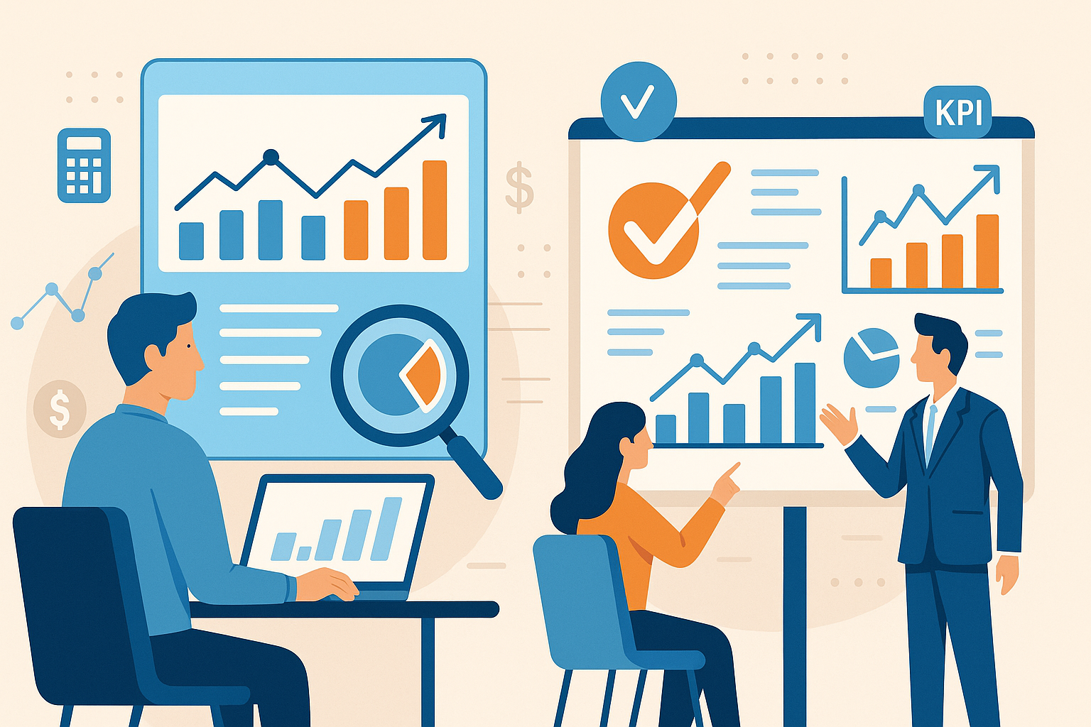 An illustrated business dashboard with charts and a team analyzing financial data, representing accounting and analytics in business
