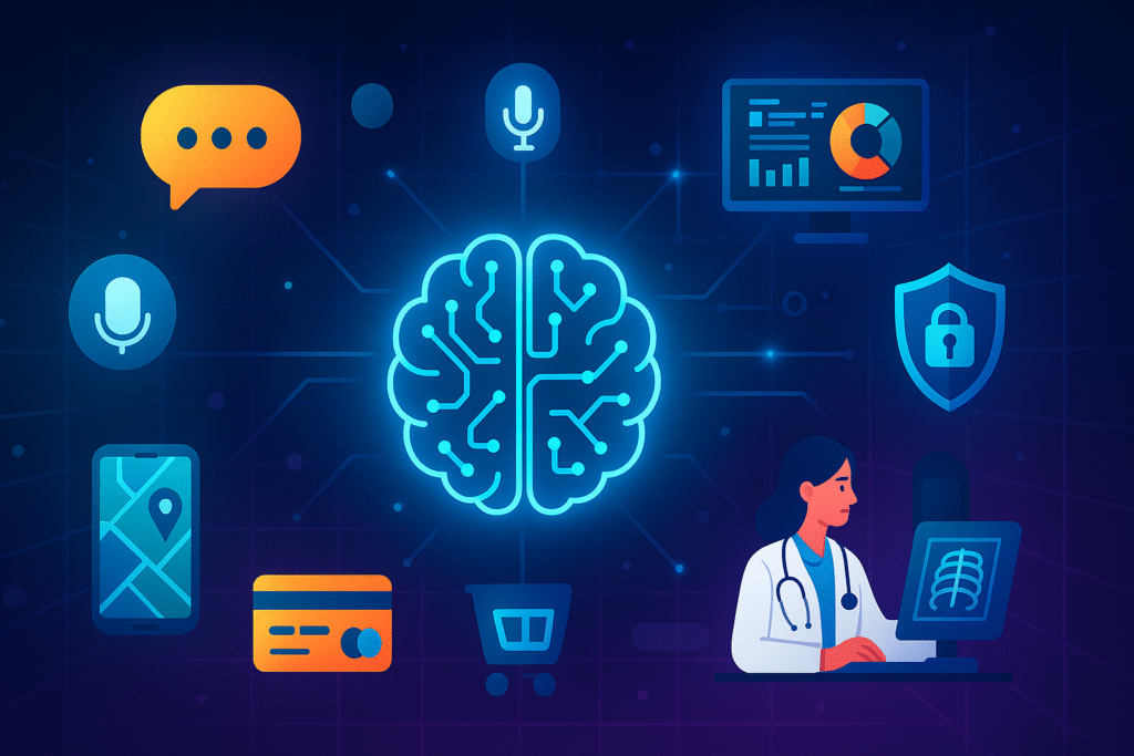 A digital illustration showcasing everyday machine learning applications like fraud detection, healthcare imaging, virtual assistants, and recommendation systems.