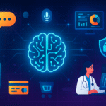 A digital illustration showcasing everyday machine learning applications like fraud detection, healthcare imaging, virtual assistants, and recommendation systems.