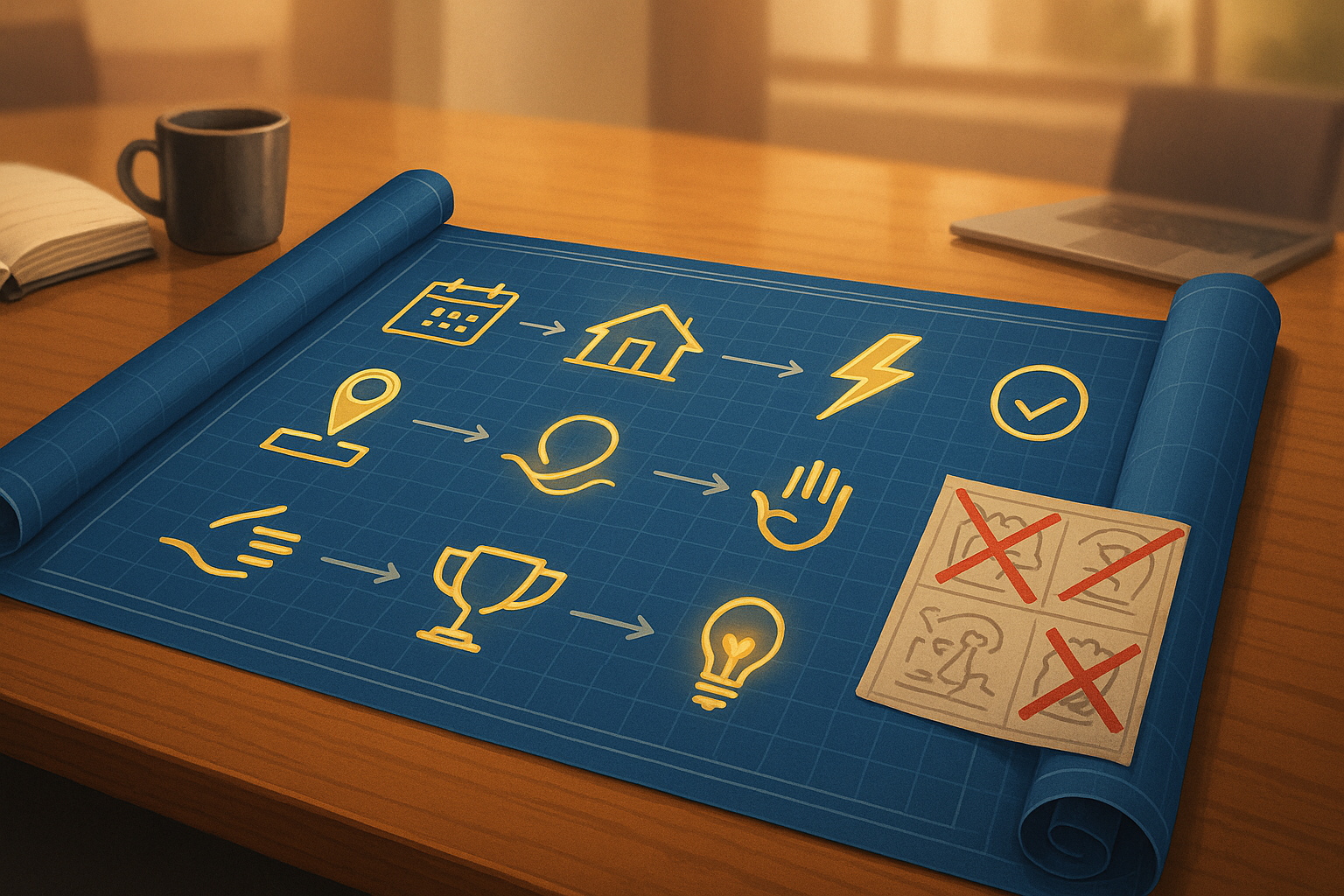 Visual blueprint showing the 7 elements of a great story and the 7 mistakes to avoid in professional storytelling.
