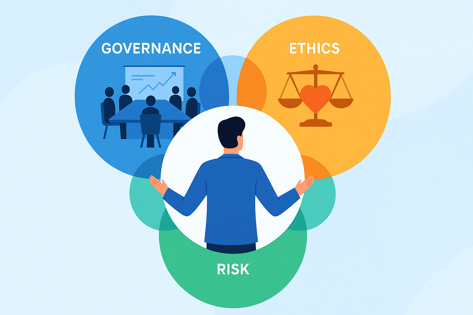 Flat-style digital illustration of corporate governance and ethical risk management, featuring a boardroom, shield, scales of justice, and compliance icons