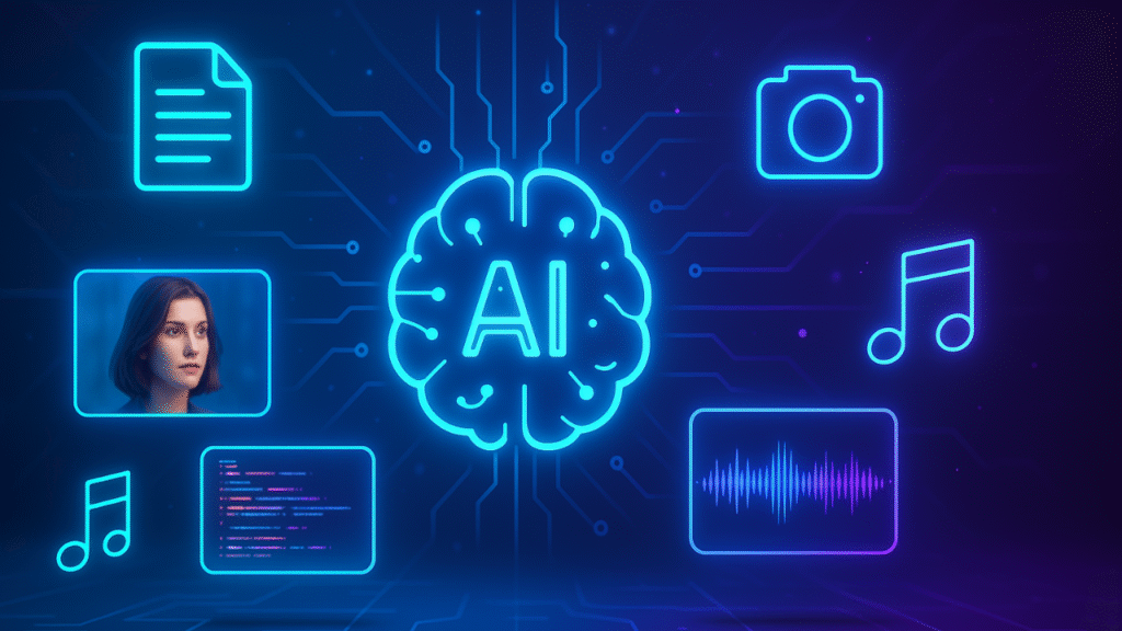 A futuristic digital illustration showing generative AI tools creating text, images, videos, and music, symbolizing applications of AI across multiple industries.