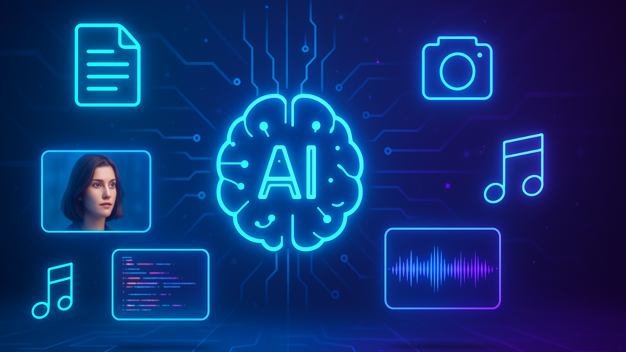 A futuristic digital illustration showing generative AI tools creating text, images, videos, and music, symbolizing applications of AI across multiple industries.