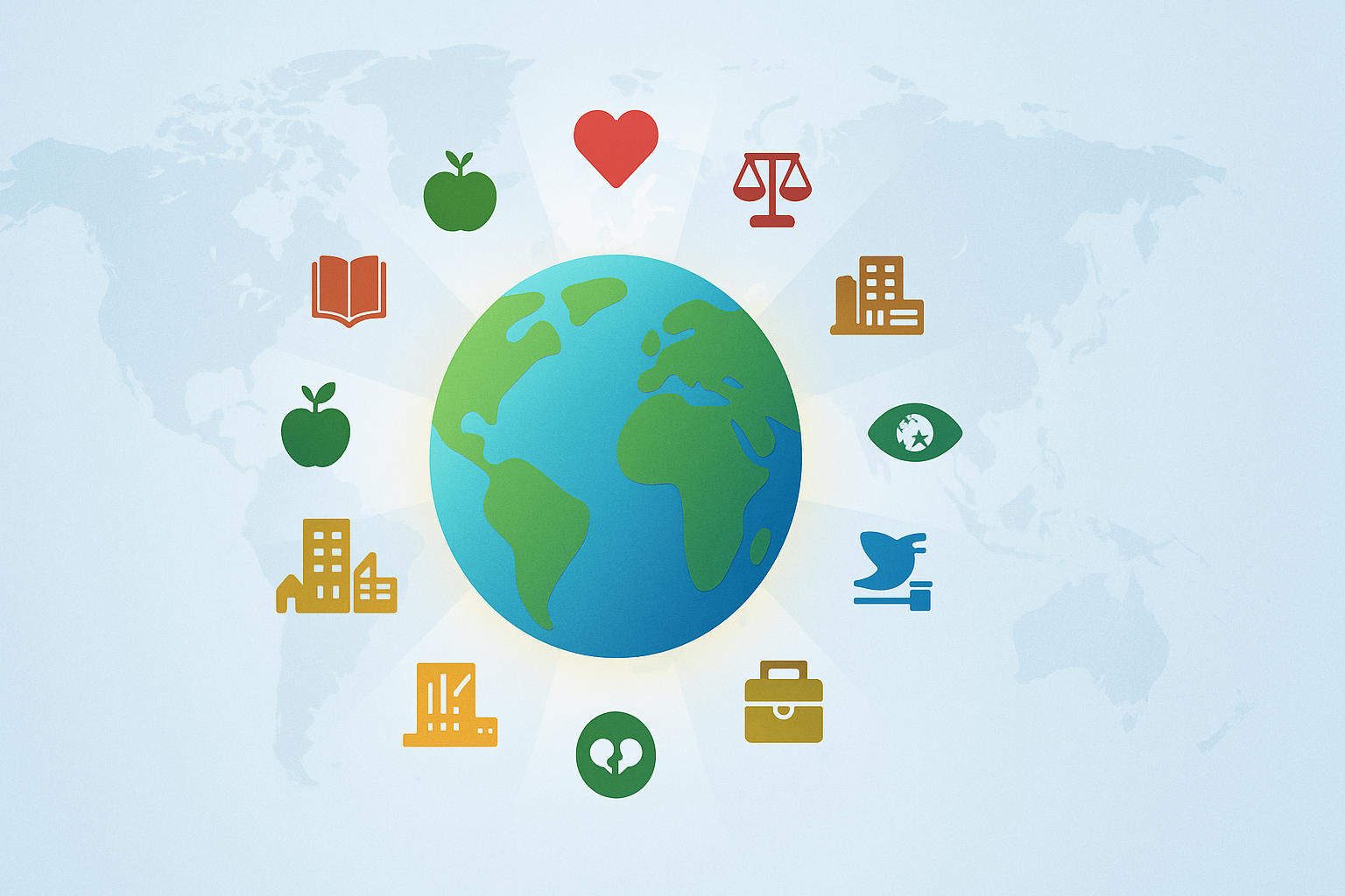 Flat-style illustration of Earth surrounded by icons representing the 17 Sustainable Development Goals, symbolizing global sustainability and action
