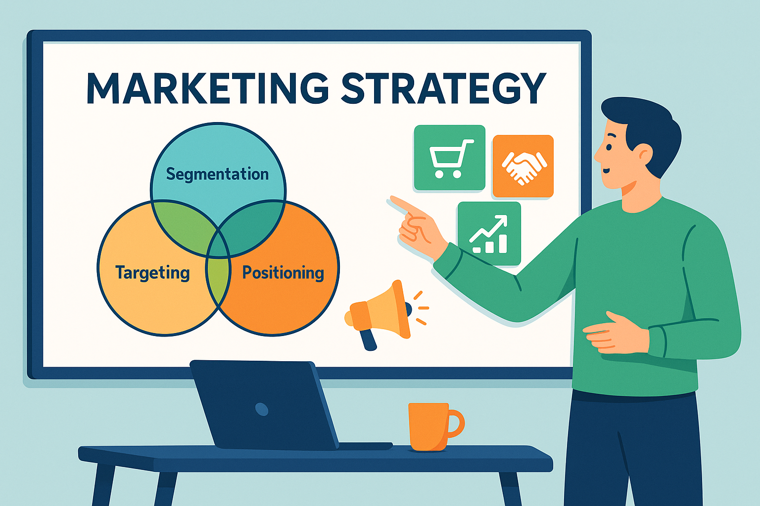 Flat-style illustration showing marketing essentials including customer journey mapping, digital tools, and strategic planning elements on a desk setup