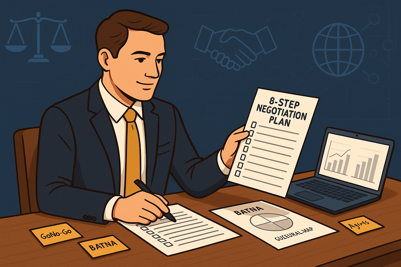 Professional negotiator preparing for a meeting with an 8-step checklist, documents, and laptop on a desk.