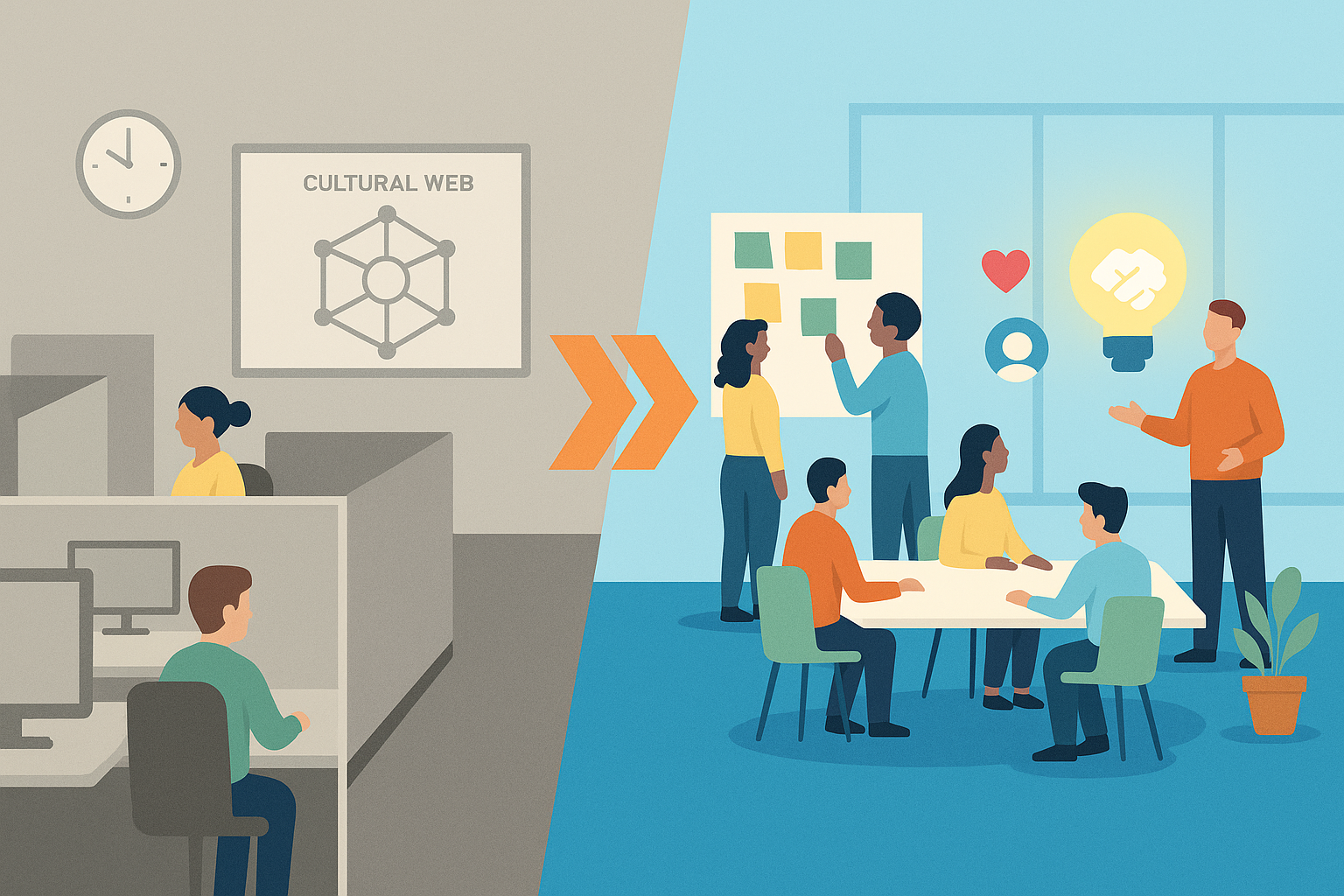 Flat-style illustration of an office transforming from grey cubicles to an open, collaborative space with a leader guiding cultural change