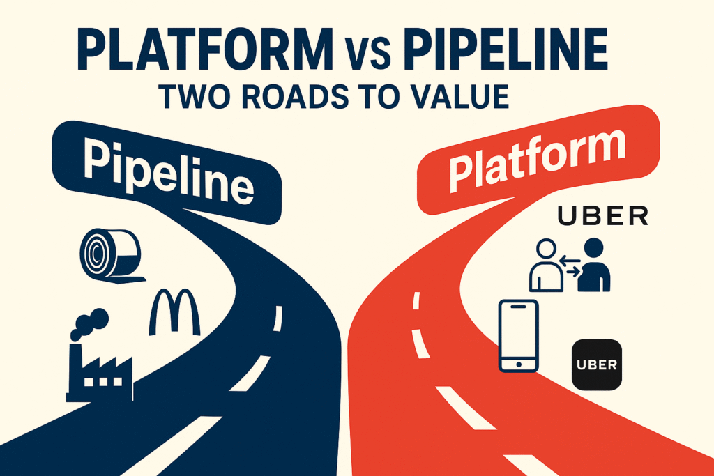 Infographic comparing platform vs pipeline business models, with real examples like Uber, Amazon, McDonald's, and Apple