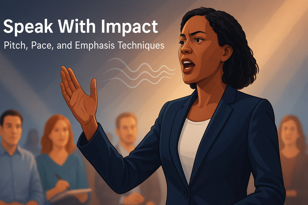 Professional speaker using expressive gestures and varied vocal delivery to engage an audience during a presentation.