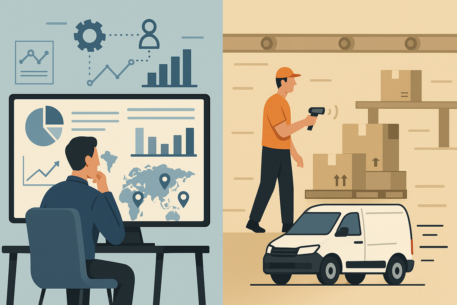 A digital illustration contrasting supply chain strategy with logistics execution, featuring dashboards, warehouses, and delivery vehicles.