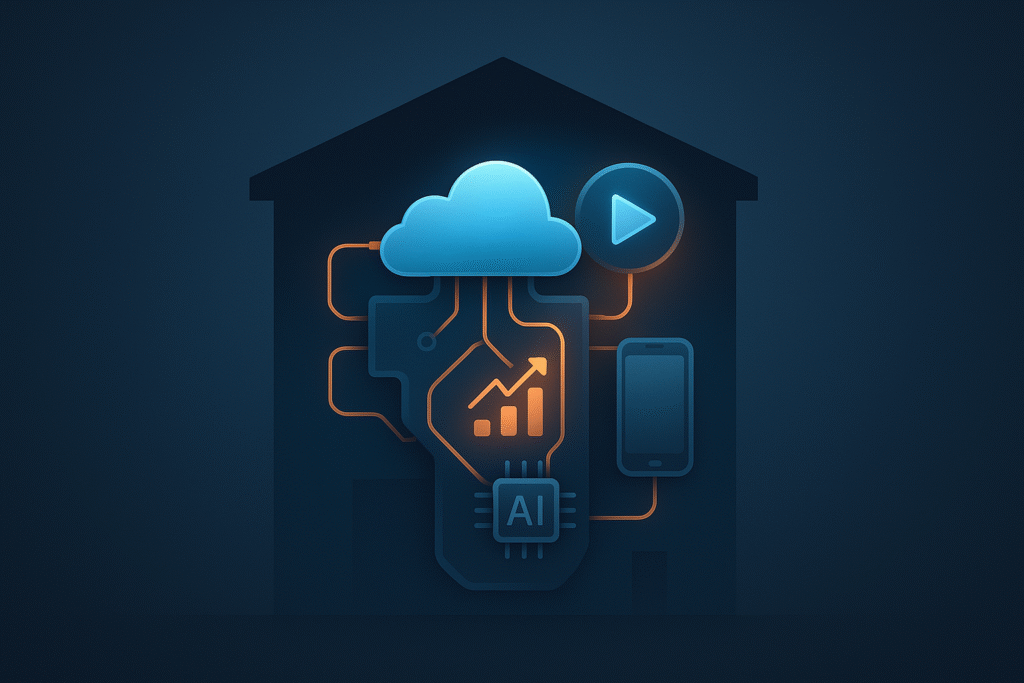 Digital engine made of technology icons powering a business model, includes cloud, AI chip, smartphone, and growth chart