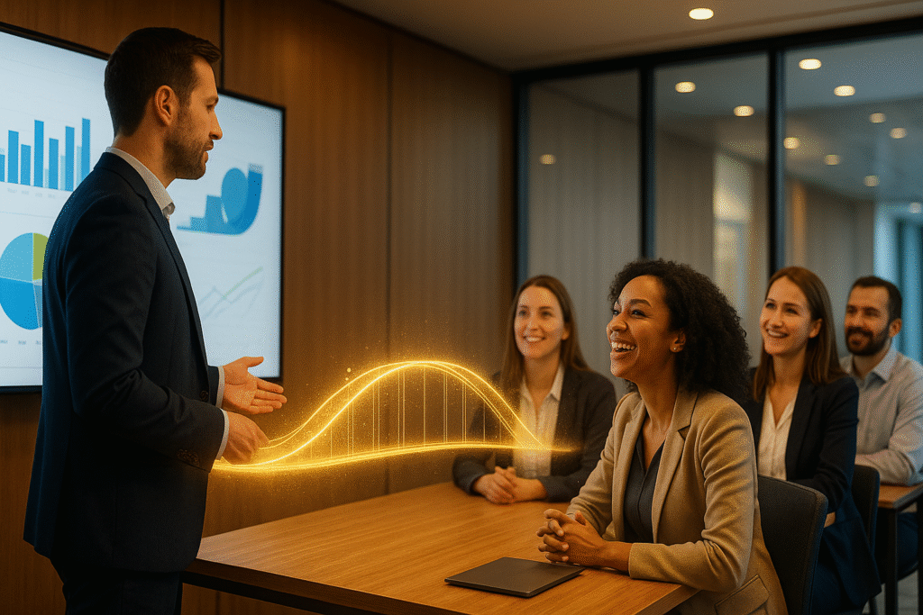 Professional speaker engaging audience by connecting data with human stories in a business presentation.