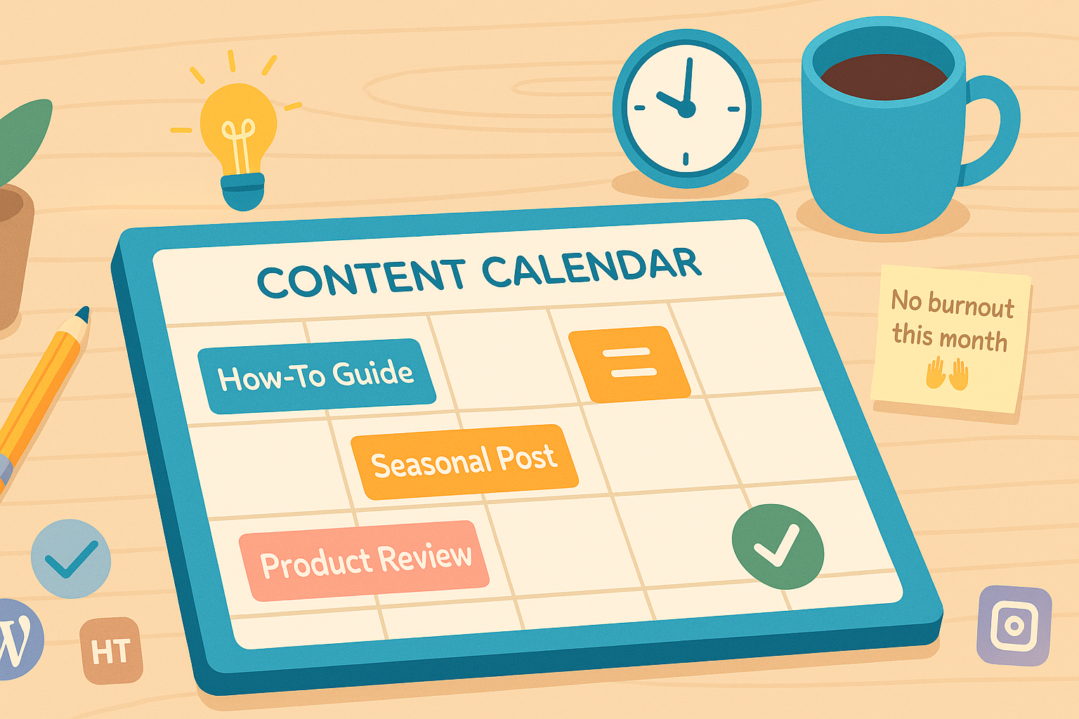Illustration of a blog content calendar with scheduled posts, icons for planning and creativity, representing consistent blogging without burnout