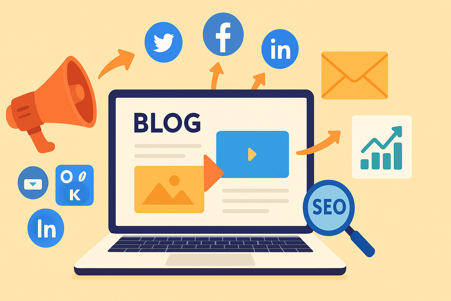 Illustration of a blog being promoted through social media, SEO, email marketing, and ads, showing effective blog promotion strategies in action