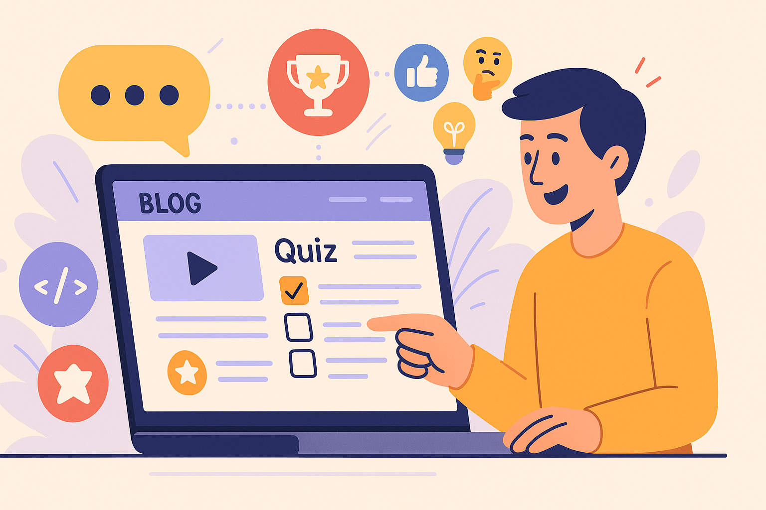 Illustration of a blog interface with quizzes, contests, and comment bubbles to show strategies that increase blog reader engagement