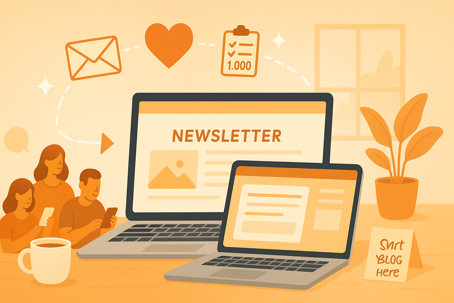 Illustration of blog readers joining an email list and engaging with a newsletter, symbolizing list growth and loyal community building
