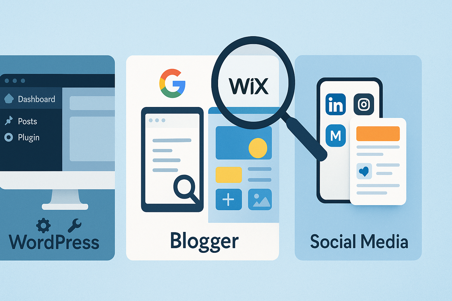 Visual comparison of blogging platforms including WordPress, Blogger, Wix, and social media options for beginners in 2025