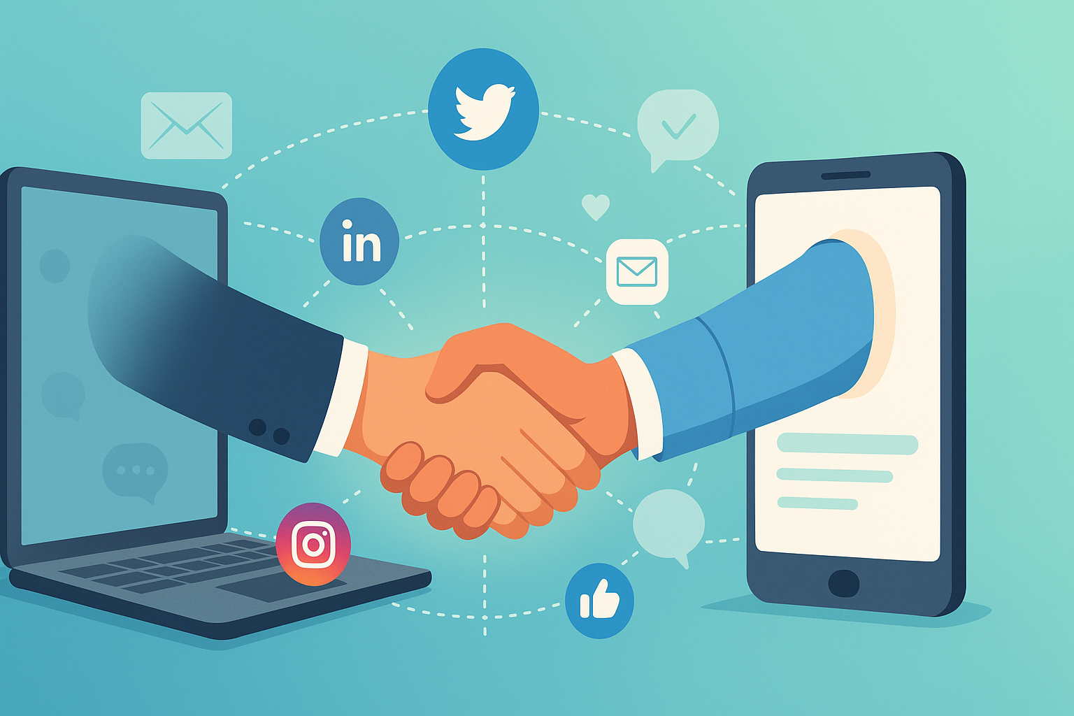 Illustration of two professionals shaking hands through a laptop and smartphone, symbolizing building trust and networking online