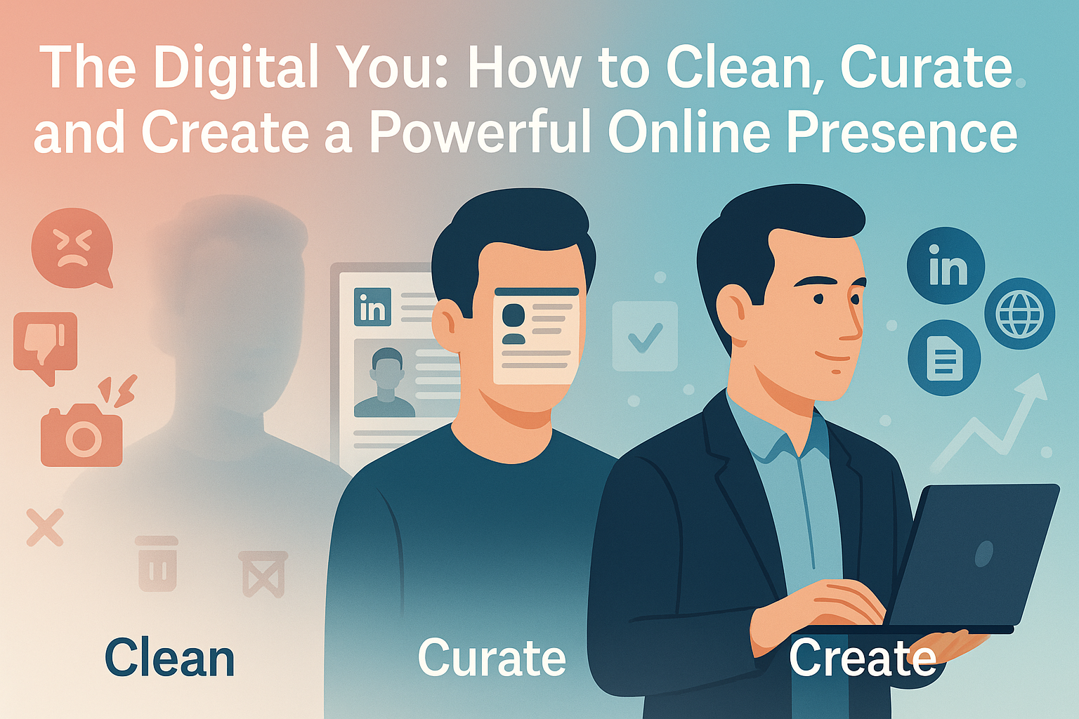 Illustration of three evolving digital profiles representing cleaning, curating, and creating a professional online presence across platforms.