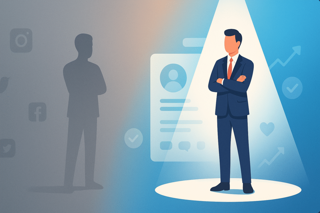 Illustration of a person transforming from a faded, invisible silhouette to a vibrant professional figure under a spotlight, symbolizing online profile growth.