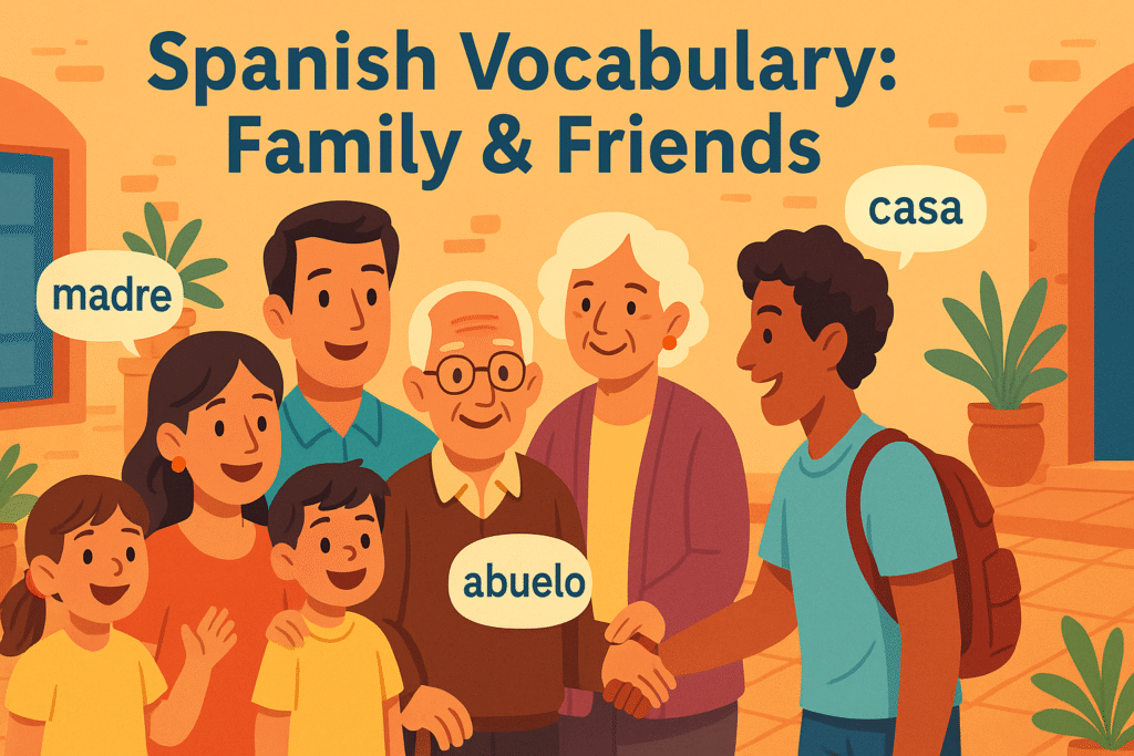 Cartoon illustration of a diverse family and friends gathering in a Spanish-style courtyard with speech bubbles showing Spanish words like madre, abuelo, and casa.