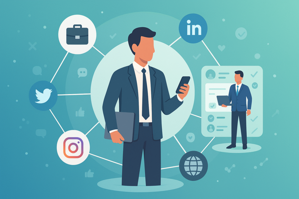 Illustration of a professional connected to LinkedIn, Twitter, Instagram, Facebook, and a personal website, representing strategic networking online.
