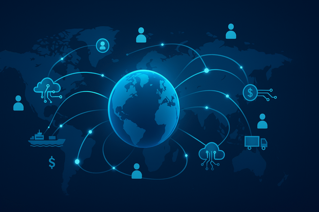 Digital globe showing global trade, capital, and labor flows in business globalization concept